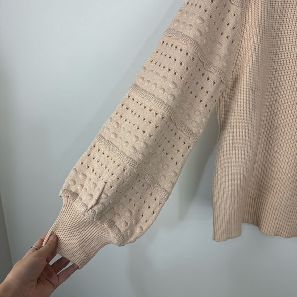 Entro Blush Cream Textured Puff Balloon Sleeve Crewneck Sweater Neutral Boho - Picture 3 of 4